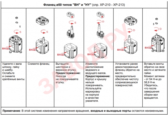 Изменение направления вращения гидронасоса C фланцем ø50 типов BH и HY (XP-210 - XP-213)