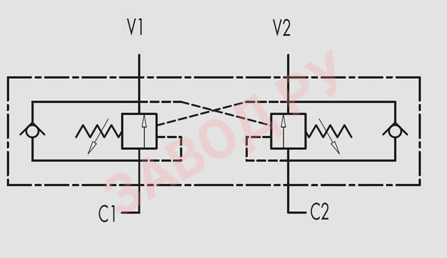 Гидравлическая схема тормозного двустороннего клапана 1/2 VBCD DE/A FLV (V0432/FLV) 