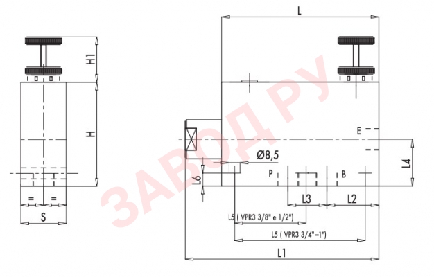 Размеры регулятора расхода 1 VPR3 (V1090)