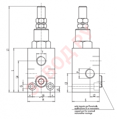 Размеры клапана предохранительного 3/4 VMP 10-180 BAR (V0720/180)