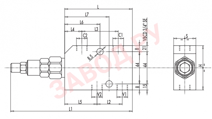 Размеры одностороннего тормозного клапана 1/2 VBCD SE/VOSEG1/2Y1