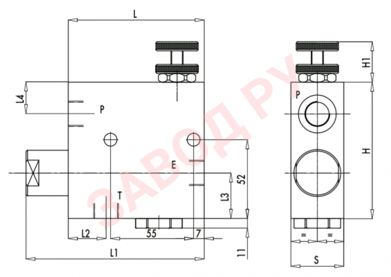 Размеры регулятора расхода 3-х линейный с обр. клапаном 1/2 RFP3 c/VU (85л/мин, 350bar)