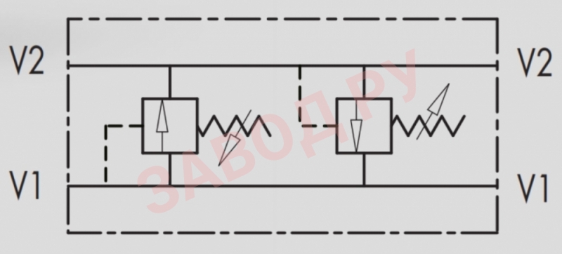 Гидравлическая схема предохранительного перекрёстного клапана 3/8 VAU 3/8 80-300 бар (V0440)