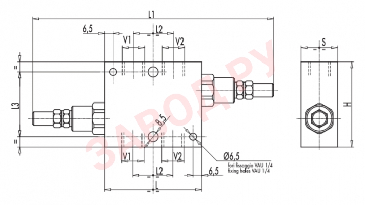 Размеры предохранительного перекрёстного клапана 1/2 VAU 1/2 80-300 бар (V0450)  Размеры предохранительного перекрёстного клапана 1/2 VAU 1/2 80-300 бар (V0450)