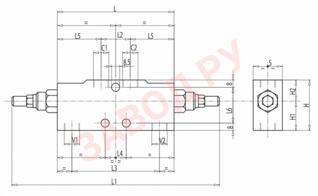 Размеры тормозного двустороннего клапана 1/4 VBCD DE/A/VODE-G1/4Y1 